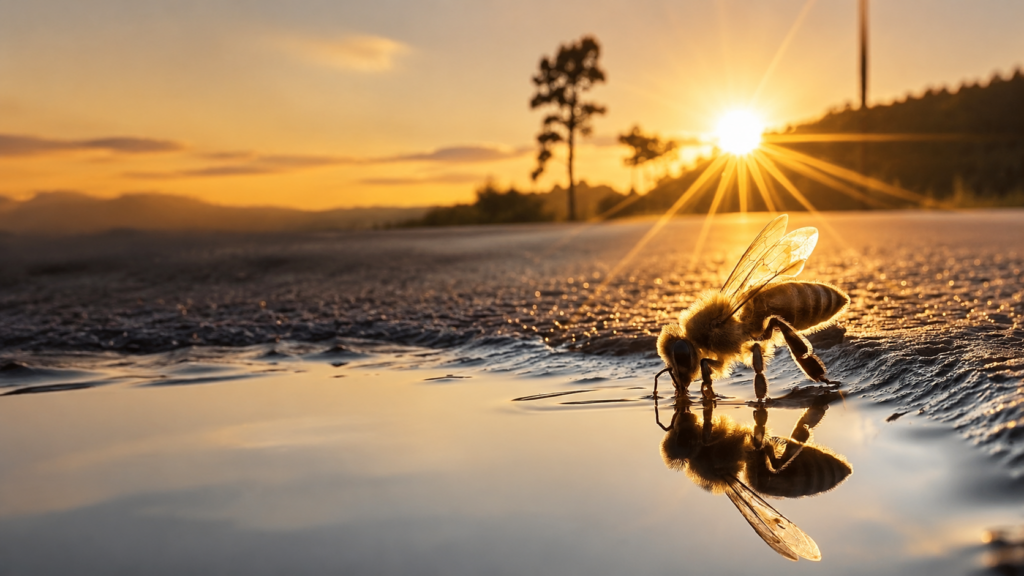 Honey bee replenishing itself at sunrise beside its reflection, representing renewed energy, purpose, and growth.
